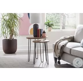 Oblique Wire Brushed Natural Cerused Elm Round Nesting End Tables