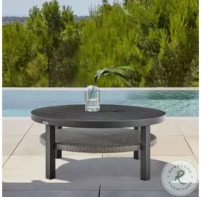 Aileen Black Outdoor Patio Round Coffee Table With Gray Wicker Shelf