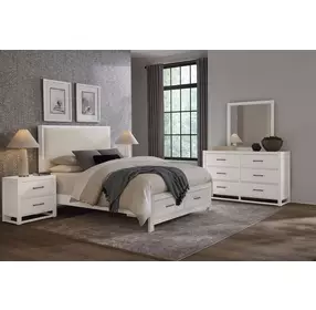 Lodge and Loft Cream Performance Fabric Queen Upholstered Storage Panel Bed