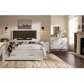Lodge and Loft Brown Performance Fabric Queen Upholstered Storage Panel Bed