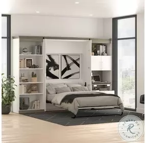 Orion White And Walnut Grey 118" Full Murphy Bed With Shelving And Fold Out Desk