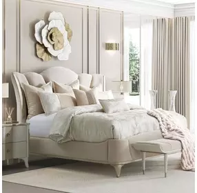 La Marisia Tranquil and Champagne Gold Queen Upholstered Bed with USB Charging