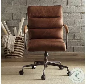 Harith Retro Brown Top Grain Leather Swivel Office Chair