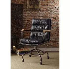 Harith Vintage Blue Leather Upholstered Swivel Office Chair