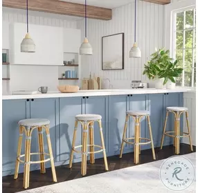Tobias Powder Blue And White Rattan Performance Fabric Bar Stool