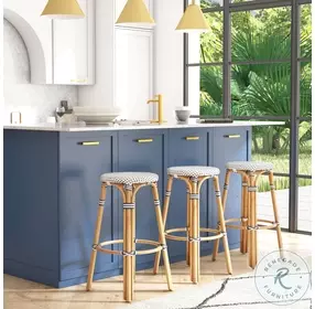 Tobias Cottage White Rattan Performance Fabric Bar Stool