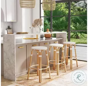 Tobias Glossy White Rattan Round Bar Stool
