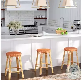 Tobias Distressed Orange and White Rattan Performance Fabric 24" Round Counter Height Stool
