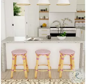 Tobias Distressed White and Pink Rattan Performance Fabric 24" Round Counter Height Stool
