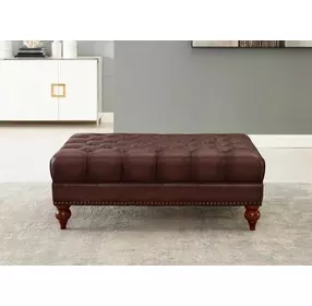 Alwick Caramel Leather Upholstered Rectangular Ottoman with Nailhead Trim