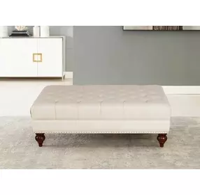 Alwick Vanilla Leather Upholstered Rectangular Ottoman with Nailhead Trim