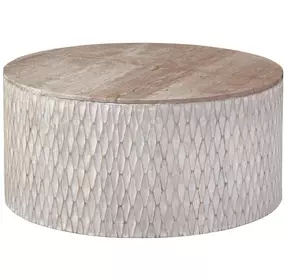 Lorenzo White Wash and Natural Round Travertine Top Coffee Table