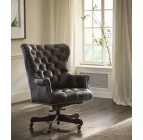 Jefferson Burnished Walnut Leather Upholstered Executive Chair with Nailhead Trim and Casters