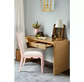 Lanister White Linen Performance Fabric Dining Chair With Matte Pink Lacquer Frame