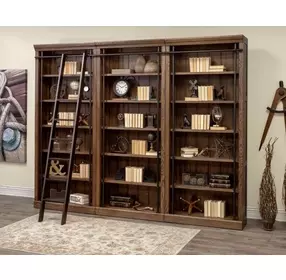 Avondale Weathered Oak 3 Tall Bookcase Wall with Ladder