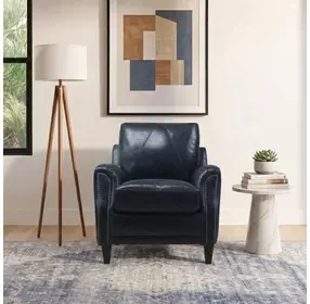 Ashton Midnight Blue Top Grain Leather Living Room Chair with Nailhead Trim