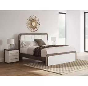 Mazilar White and Brown King Upholstered Bed with LED