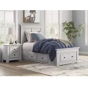 Fenderport Whitewash Twin Panel Bed with Storage Footboard and 4 Side Drawer