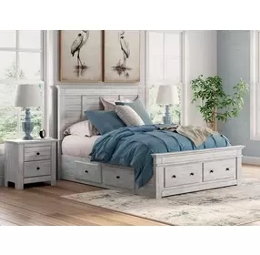 Allihauser Whitewash King Panel Bed with Storage Footboard and 2 Side Drawer