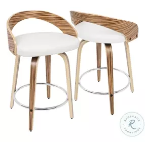 Grotto Zebra Wood And White Faux Leather Swivel Counter Height Stool Set Of 2