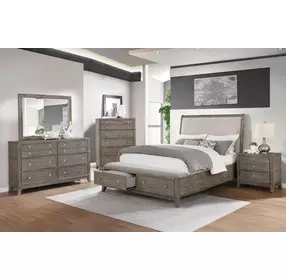B0193A Gray Upholstered King Panel Storage Bed