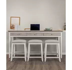 Islamorada Dapple Gray Performance Fabric Upholstered Rectangular Console Table with Stools and USB Charging