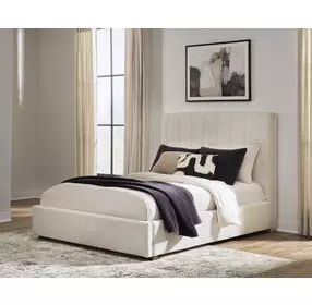 Shoralli Beige Queen Upholstered Storage Panel Bed