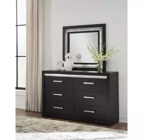 Shoralli Black 6 Drawer Dresser with LED and Rectangular Mirror
