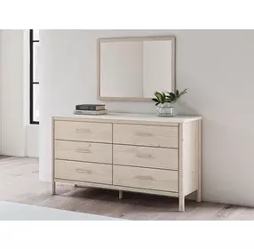 Cadmori Champagne and White 6 Drawer Marble Top Dresser and Rectangular Mirror