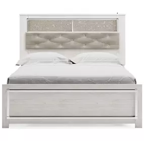 Altyra White and Gray Upholstered Bookcase Panel Bedroom Set with LED