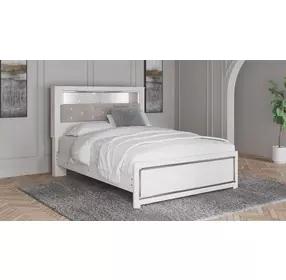 Altyra White and Gray Queen Upholstered Panel Bookcase Headboard with LED