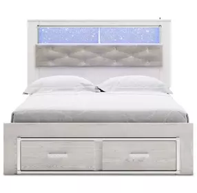 Altyra White and Gray Upholstered Bookcase Storage Bedroom Set with LED
