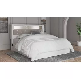Altyra White and Gray King Upholstered Panel Bookcase Headboard with LED