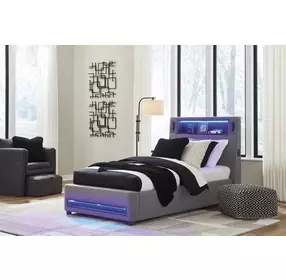 Cayberry Gray Twin Upholstered Panel Bed with LED