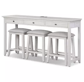 Surfside Weathered White Performance Fabric Upholstered Rectangular Console Table with Stools and USB Charging
