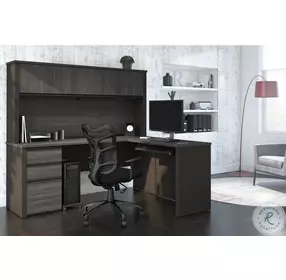 Prestige Bark Grey And Slate 71" L Shaped Desk With Pedestal And Hutch