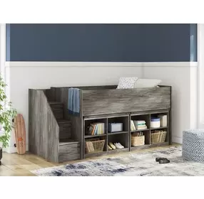 Frandern Warm Gray Twin Loft Bed with Bookcase Storage