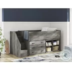 Frandern Gray Twin Loft Bed with Bookcase and Drawer Storage