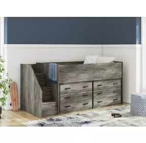 Frandern Warm Gray Twin Loft Bed with Drawer Storage