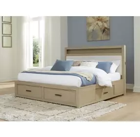 Calmoro Gray Wash and White Queen Upholstered Bookcase Storage Panel Bed with USB Charging