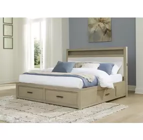 Calmoro Gray Wash and White King Upholstered Bookcase Storage Panel Bed with USB Charging