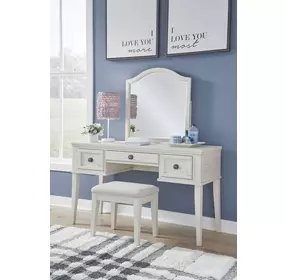Robbinsdale Antique White Mirrored Vanity Desk with Bench
