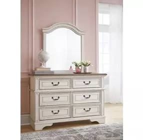 Realyn Chipped White and Brown 6 Drawer Dresser and Arched Mirror