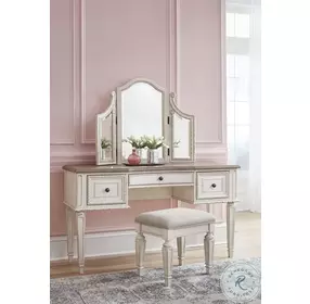 Realyn Chipped White Vanity with Mirror and Stool