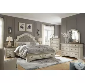 Realyn Chipped White California King Upholstered Panel Bed With Storage Footboard Bench