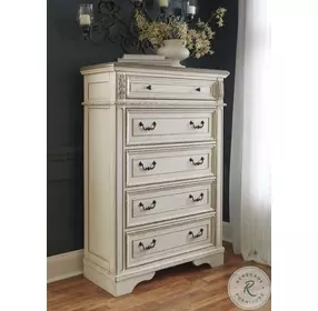 Realyn Chipped White 5 Drawer Chest