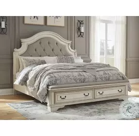 Realyn Chipped White California King Upholstered Panel Bed With Storage Footboard Bench