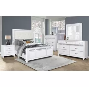 B00764 White Upholstered Queen Panel Bed with Lighted Headboard