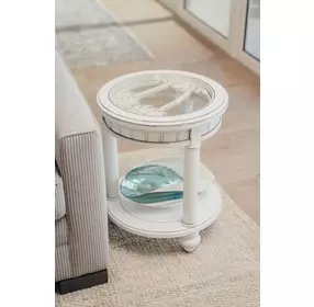 Monaco Blanc Round Glass Top End Table with Palms Insert