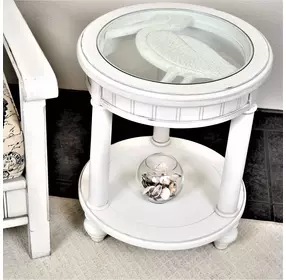 Monaco Blanc Round Glass Top End Table with Pelican Insert